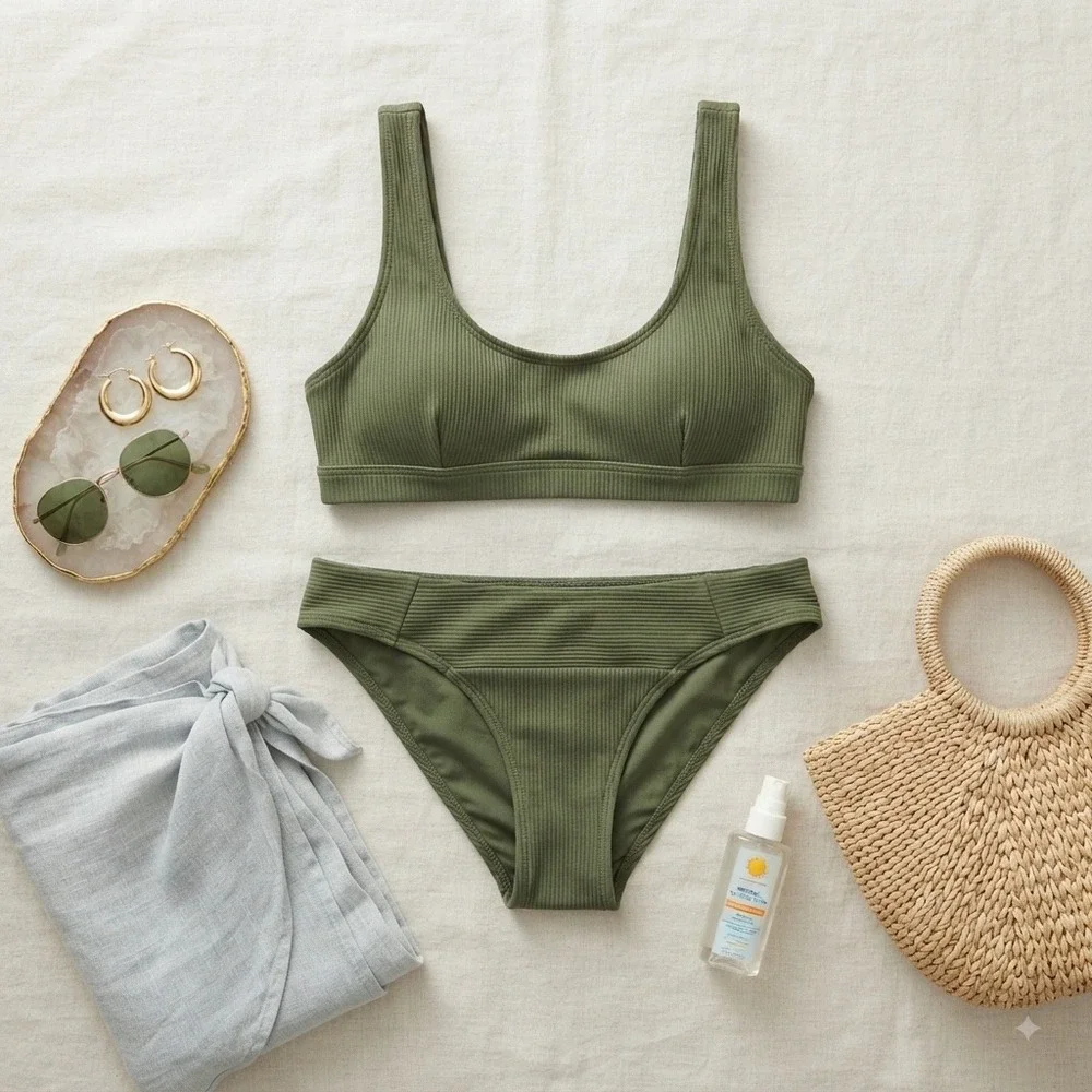 Kona Sol Bikini Set Women XL Green Ribbed Scoop Neck Two Piece Swimsuit Beach